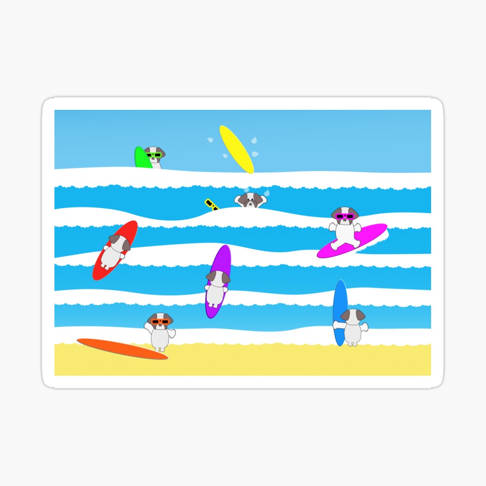 Cute chibi shih tzu surfers having fun in the ocean on surfboards sticker