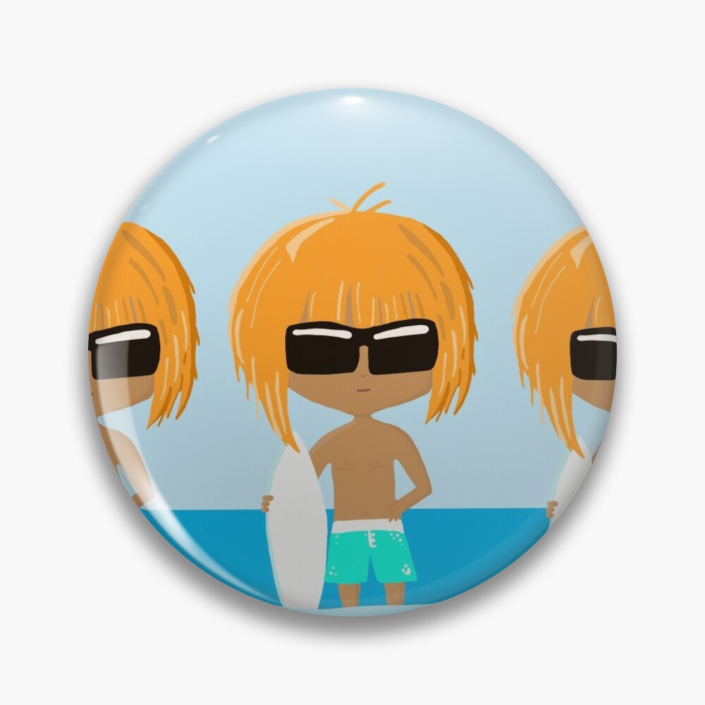 Three cool surfer dudes with surfboards pin badge