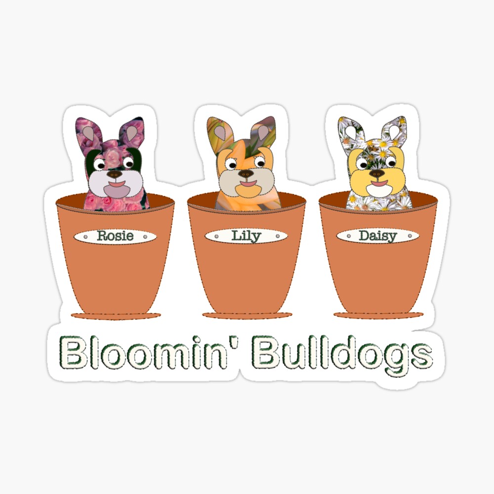 Cute chibi french bulldogs in plant pots and Blooming Bulldogs in text sticker