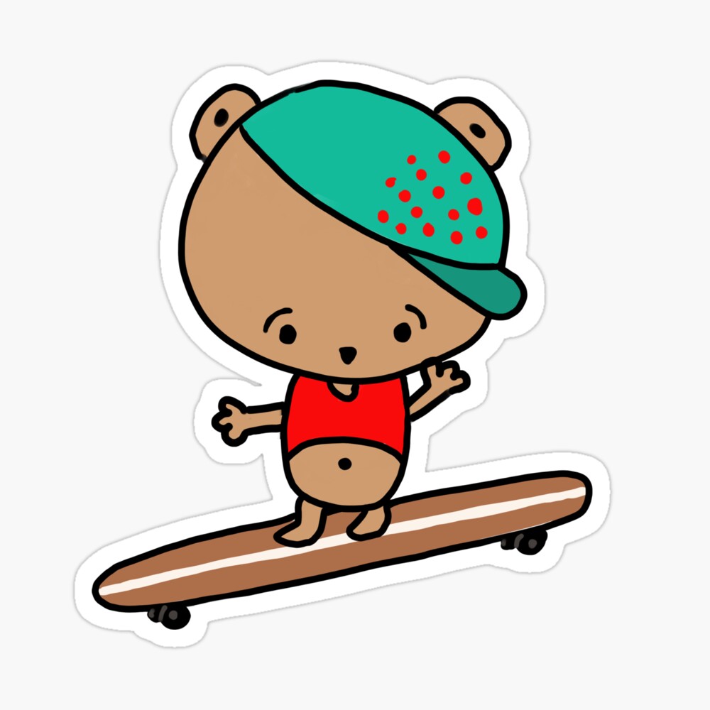 Cute chibi bear in a baseball cap skateboarding sticker