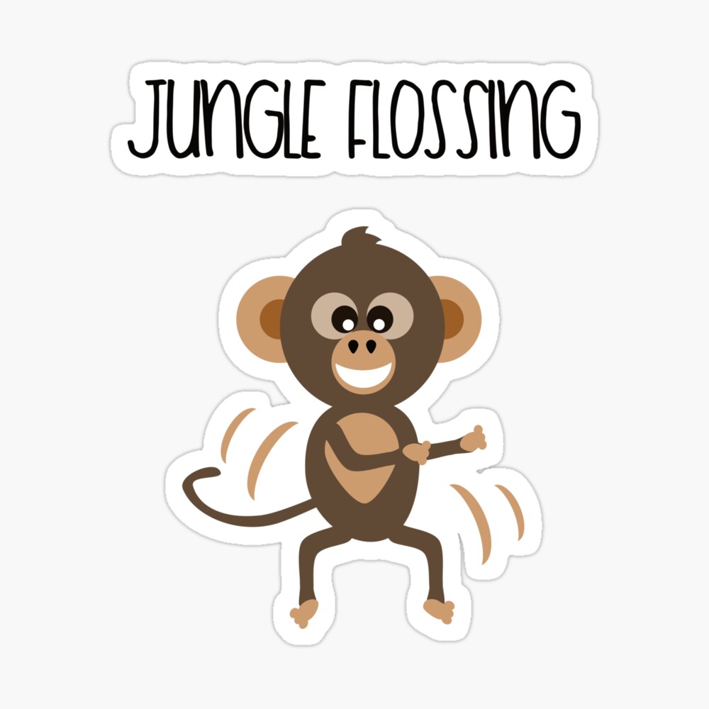Jungle flossing text with cute chibi chimp monkey doing flossing dance sticker