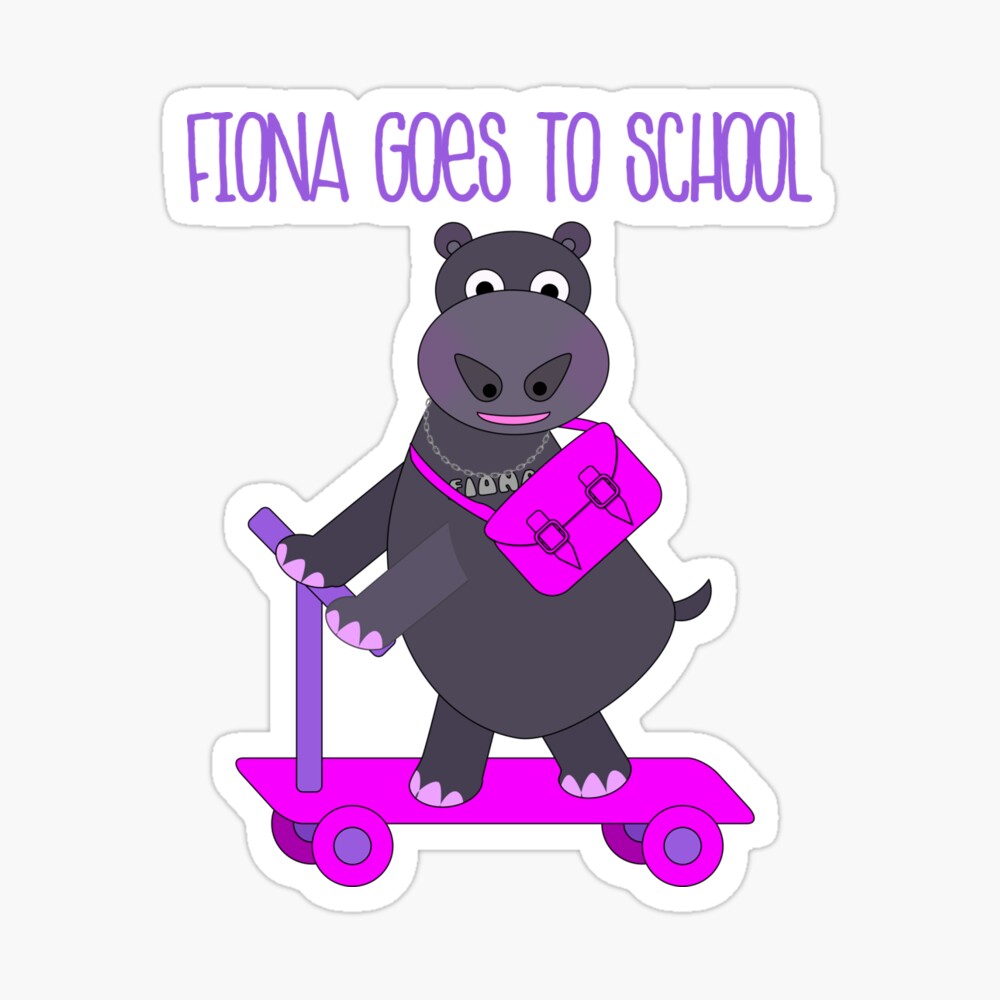 Fiona the hippo goes to school on a scooter with text sticker