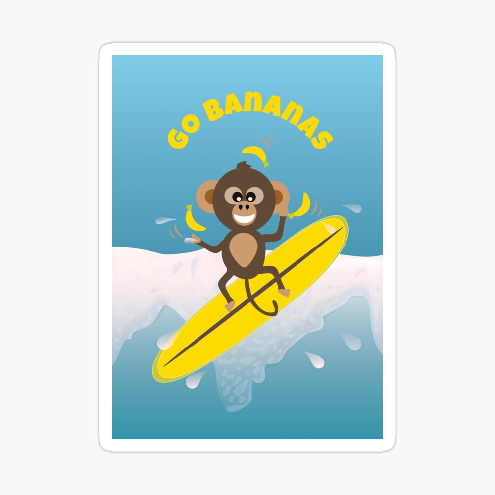 Go Bananas text with cute chimp monkey juggling on a surfboard on a wave sticker