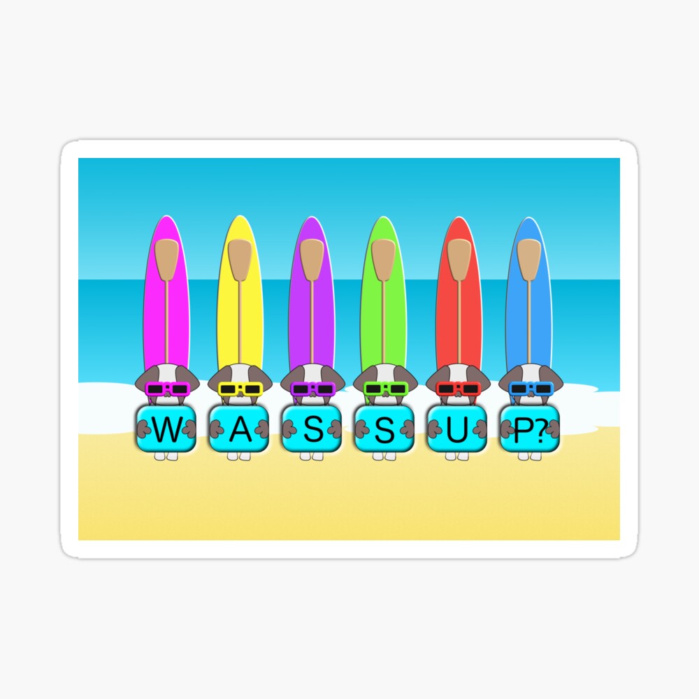Cute chibi shih tzu paddle boarders at the beach and Wassup text sticker