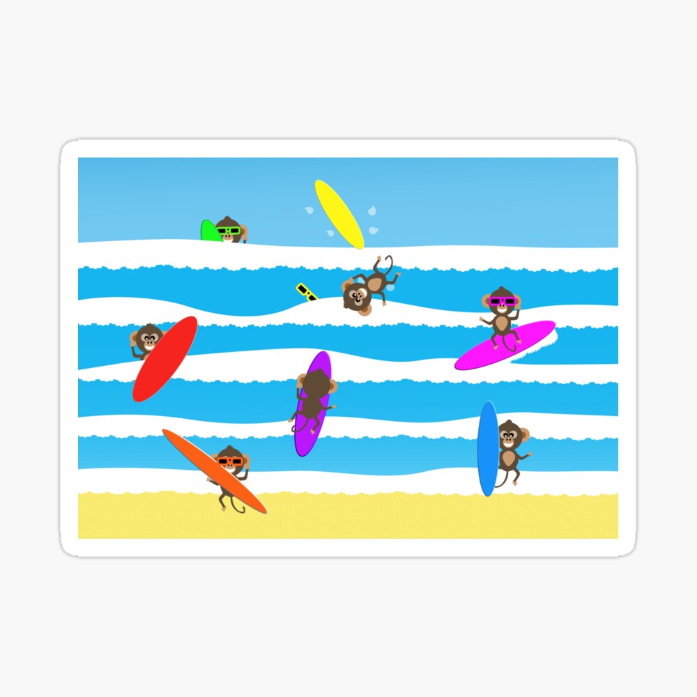 Cheerful chimps surfers having fun in the ocean on surfboards sticker
