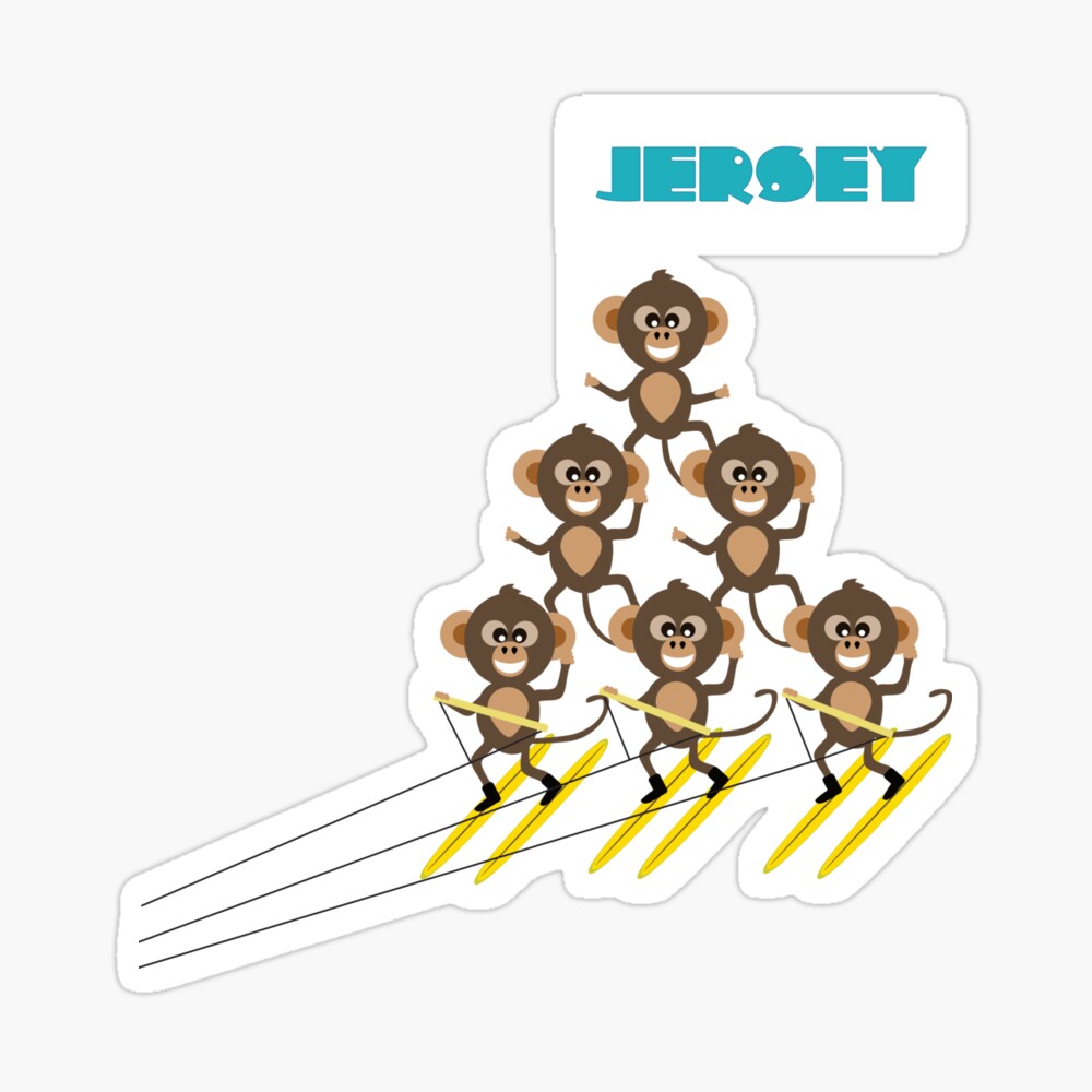 Cute chimps waterskiing team with Jersey text sticker