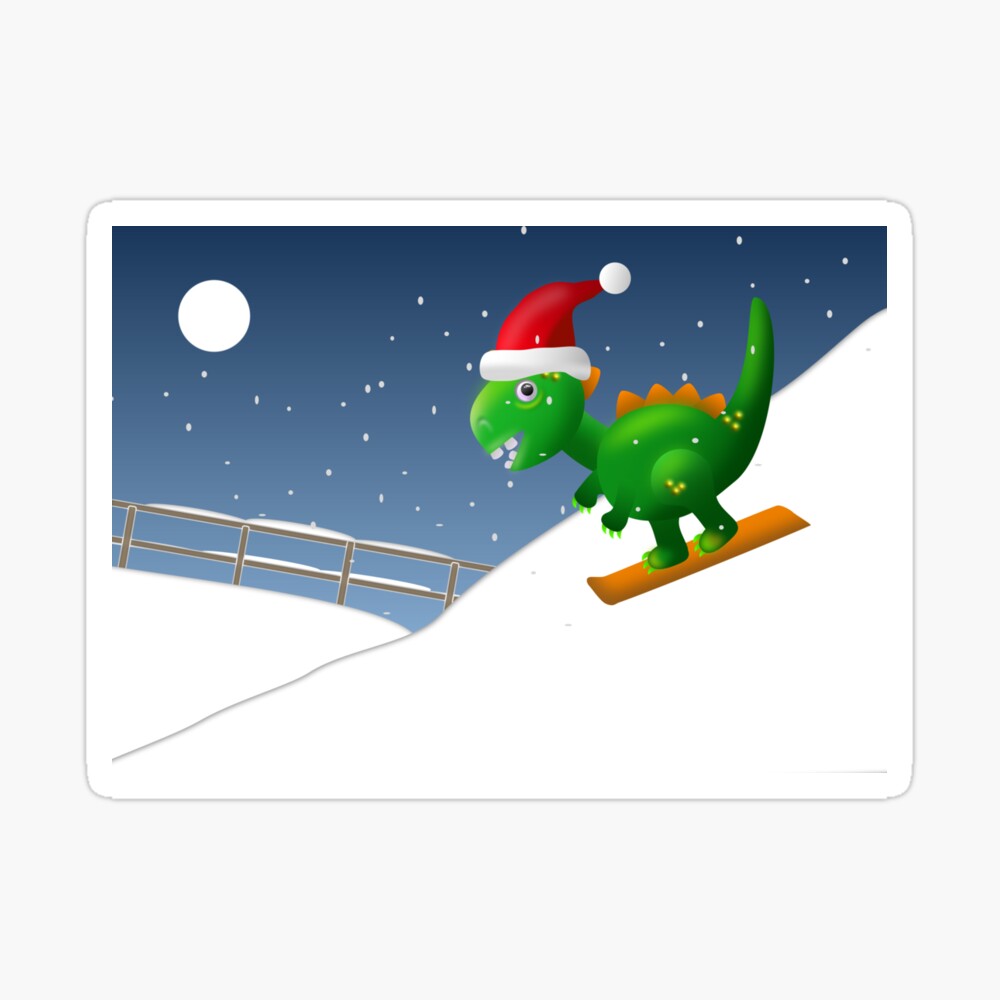 Cute dinosaur in a Santa hat snowboarding down the mountain at Christmas sticker