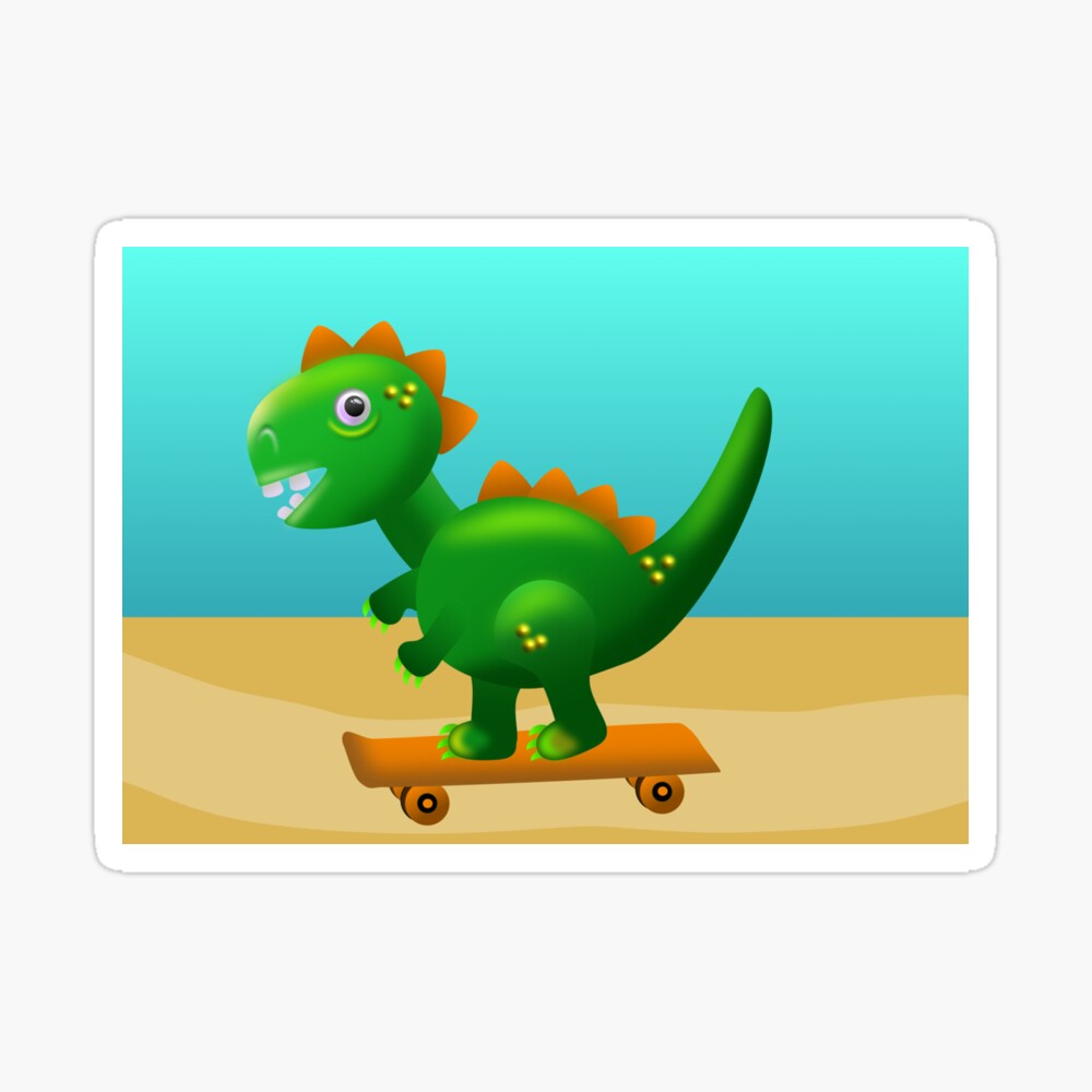 Cute dinosaur skateboarding on a path along the beach sticker