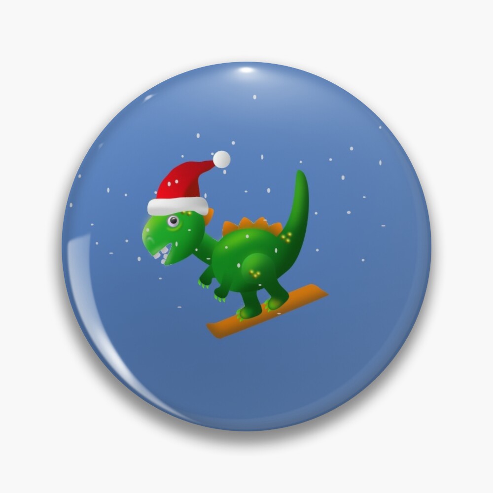 Dinosaur in a Santa hat snowboarding at Xmas pin badge
