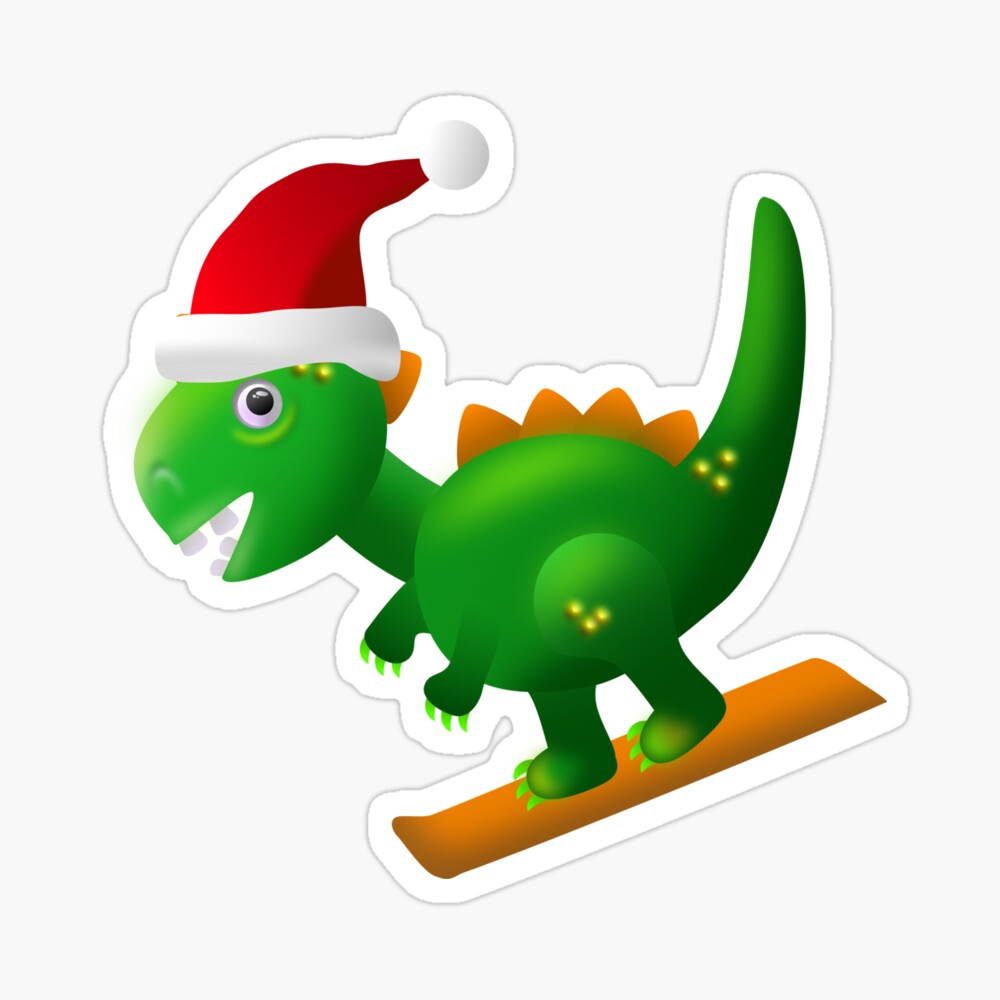Cute dinosaur in a Santa hat snowboarding at Christmas sticker
