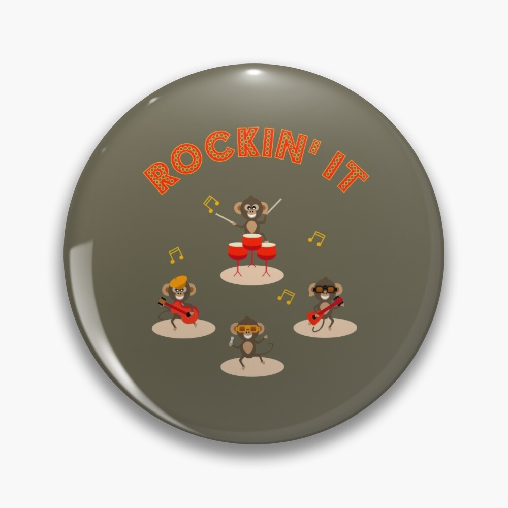 Chibi chimps monkeys making music in a rock band with Rockin It text pin badge