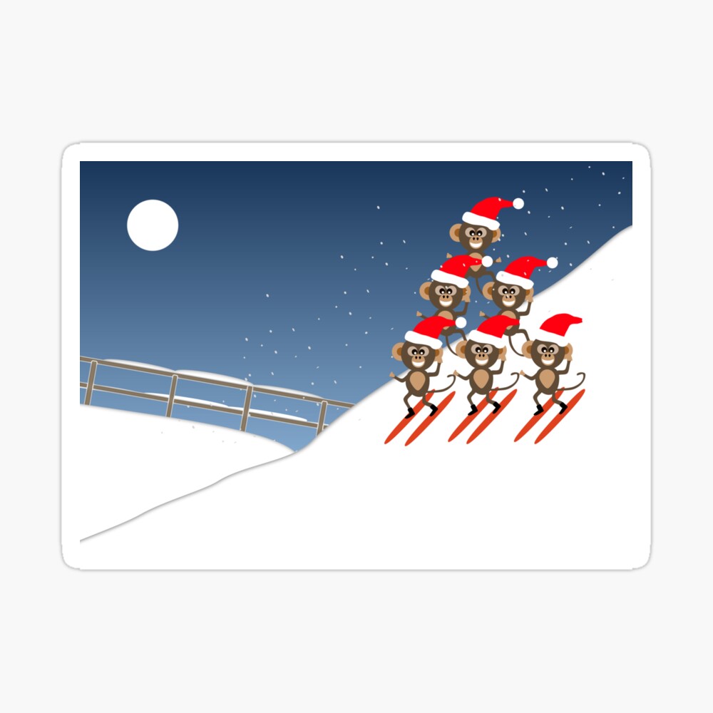Cheerful chimps ski team in Santa hats skiing down the mountain at Christmas sticker