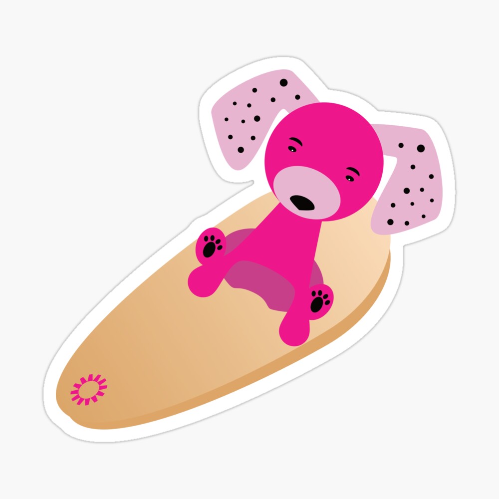 Pink dog with spotted ears on a surfboard sticker