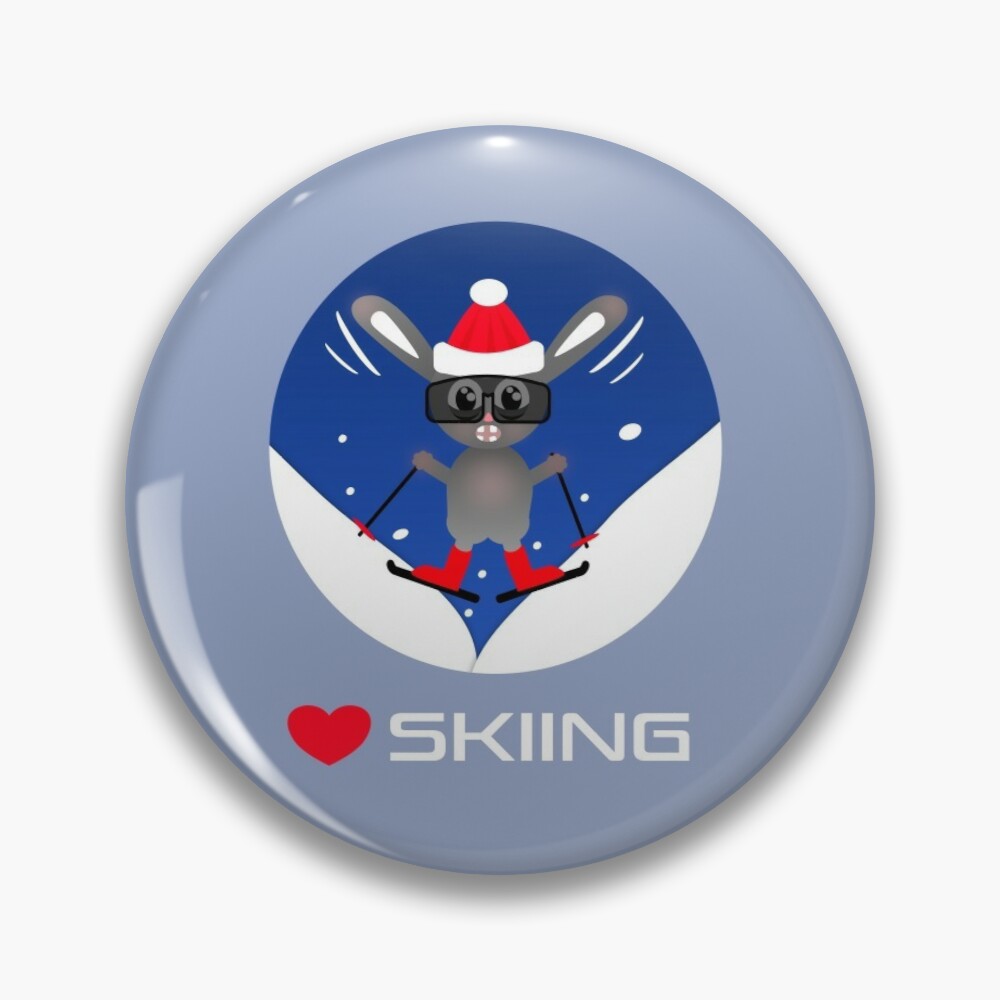 Ski bunny with heart skiing text pin badge