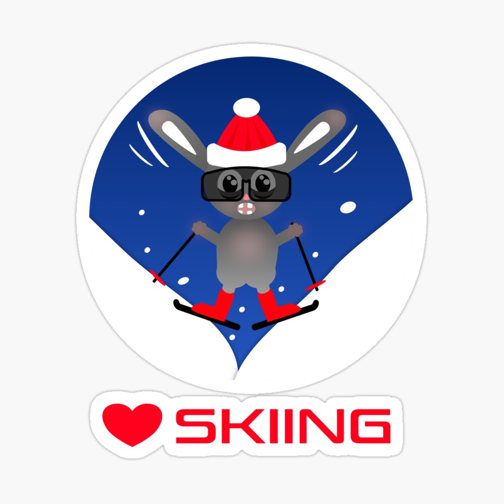 I heart Skiing text and Ski Bunny in a Santa hat skiing in the snow sticker