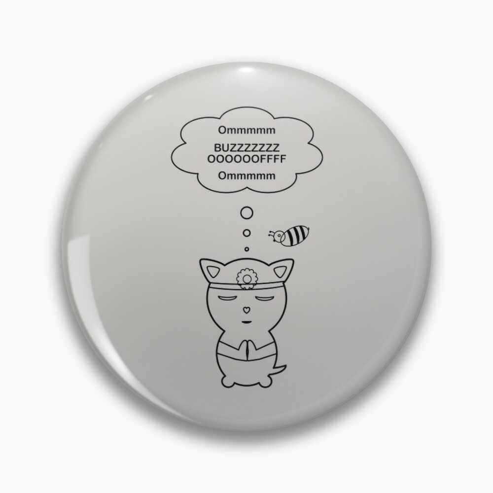 Cute chibi cat meditating with a bee pin badge