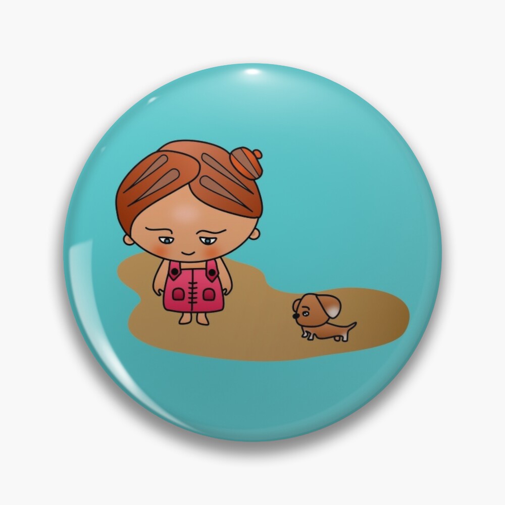 Cute chibi girl and dog at the beach pin badge