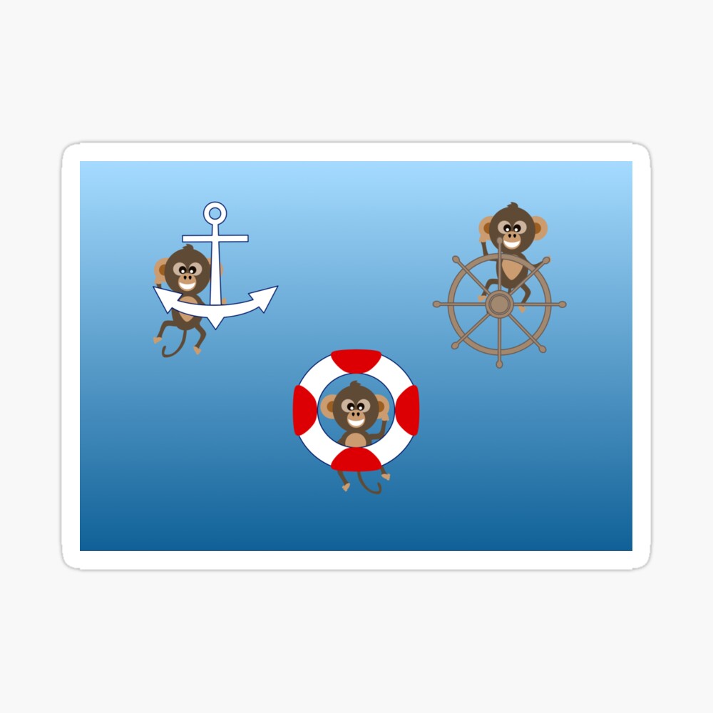 Nautical monkeys messing around on an anchor, life belt and rudder in the ocean sticker