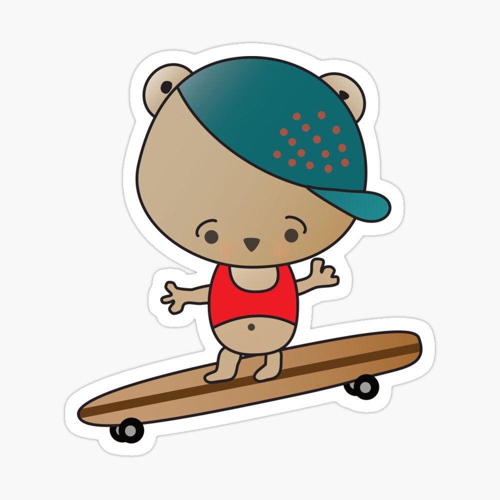 Cute chibi bear in a baseball cap skateboarder sticker