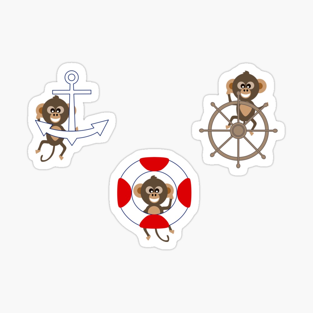 Nautical monkeys messing around on an anchor, life belt and rudder sticker