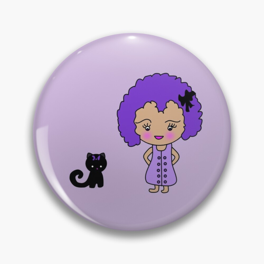 Cute chibi girl with purple hair and black cat pin badge