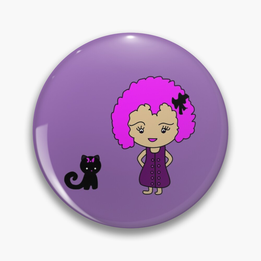 Cute chibi girl with pink hair and black cat pin badge