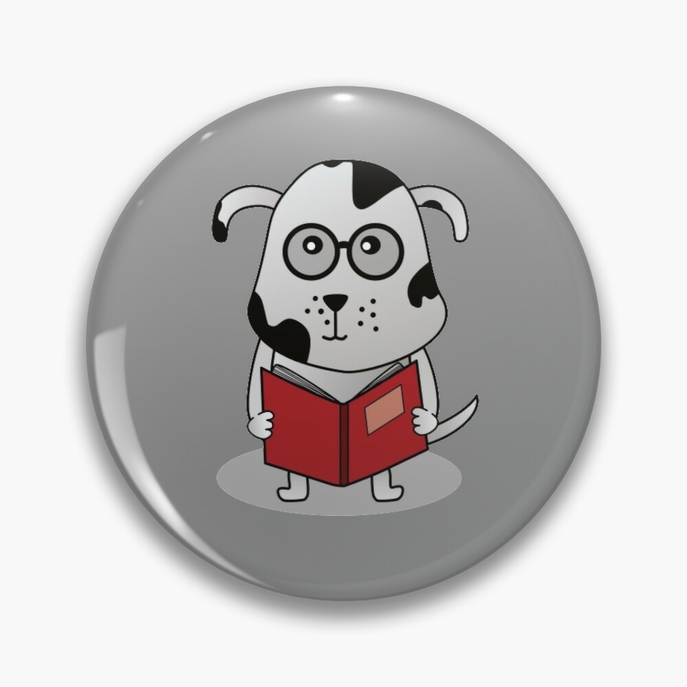 Cute chibi dog geeky bookworm pin badge