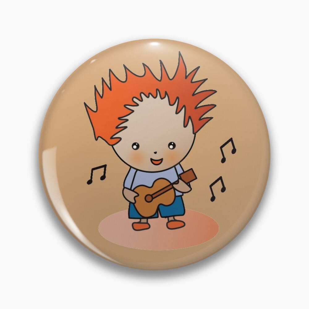 Cute chibi boy on guitar with music pin badge
