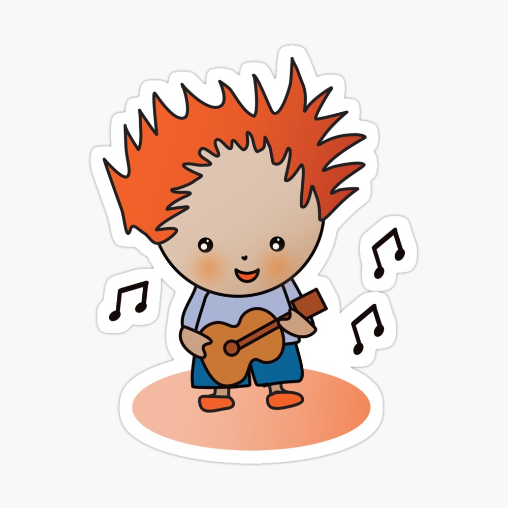 Cute chibi red haired boy on a guitar with music sticker