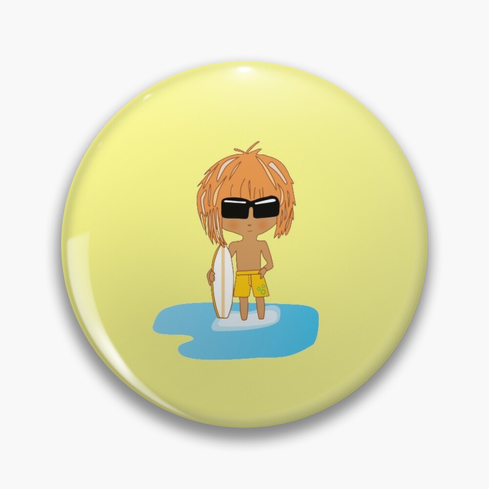 Cool dude chibi surfer in yellow boardies pin badge