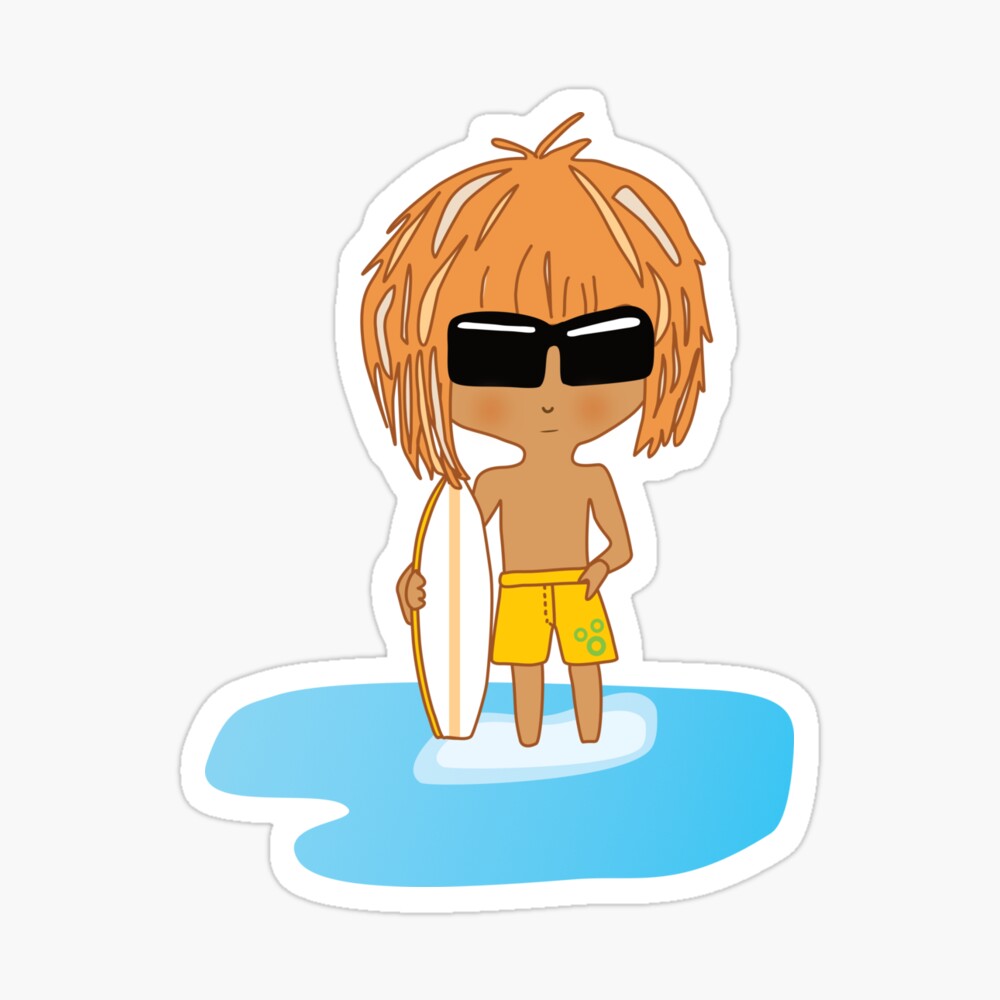 Cool surfer dude in yellow boardies posing at the beach sticker
